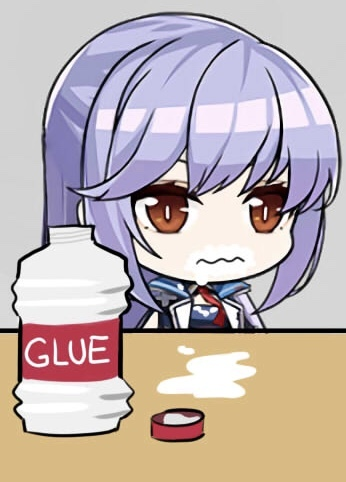 1girl azur_lane bangs blue_cloak blue_dress bottle bottle_cap bright_pupils brown_eyes chibi cloak closed_mouth drawfag dress english_text essex_(azur_lane) eyebrows_behind_hair glue grey_background hair_between_eyes light_blue_hair long_hair lowres necktie shiny shiny_hair simple_background solo suggestive_fluid swept_bangs third-party_source upper_body wavy_mouth wet_face white_pupils