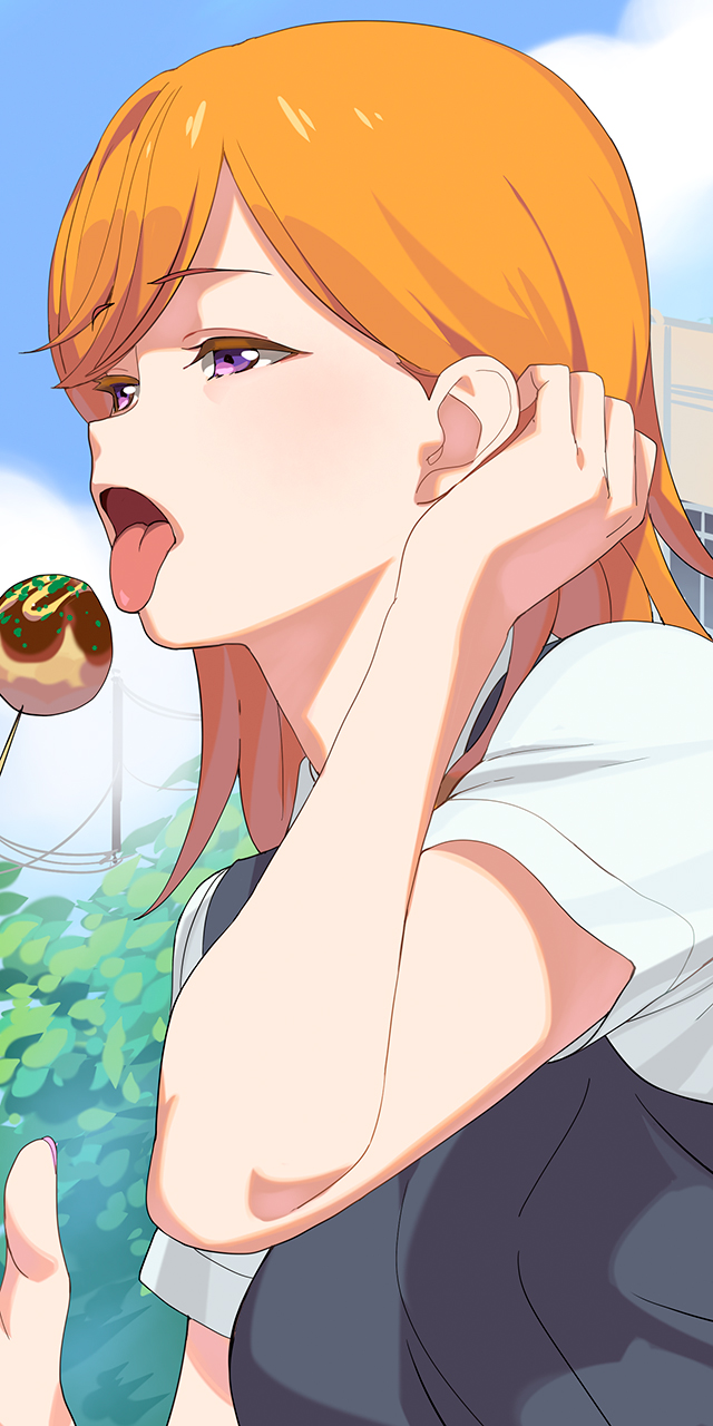 1girl a1 blue_sky clouds day food highres love_live! love_live!_superstar!! open_mouth orange_hair outdoors shibuya_kanon short_hair short_sleeves sky tongue tongue_out violet_eyes