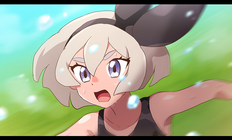 1girl bangs bare_arms bea_(pokemon) blonde_hair blurry bodysuit bow_hairband brown_hairband chiimako collarbone commentary_request day eyelashes grass grey_eyes hair_between_eyes hairband letterboxed motion_blur open_mouth outdoors pokemon pokemon:_twilight_wings running solo sweat tongue upper_body water_drop