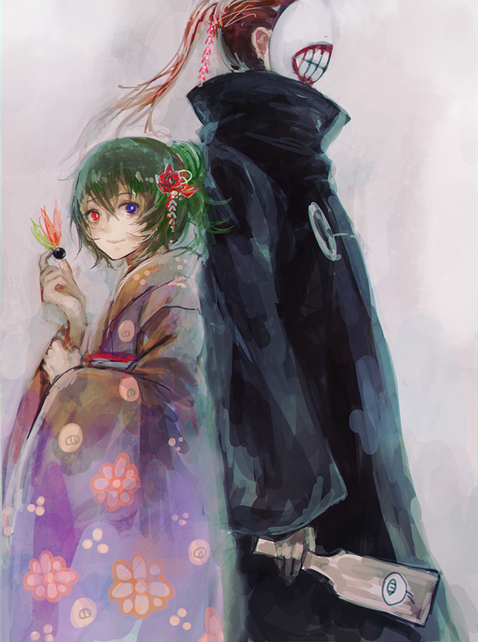 1boy 1girl alternate_costume alternate_hairstyle bandages bangs black_cloak blue_eyes brown_hair cloak eto_(tokyo_ghoul) flower from_side gradient gradient_background gradient_clothes green_hair grey_background hair_flower hair_ornament hand_up height_difference holding japanese_clothes kimono long_sleeves mask multicolored_hair noro_(tokyo_ghoul) pink_kimono ponytail red_eyes red_flower redhead short_hair smile straw_like teeth_print tokyo_ghoul tokyo_ghoul:re two-tone_hair