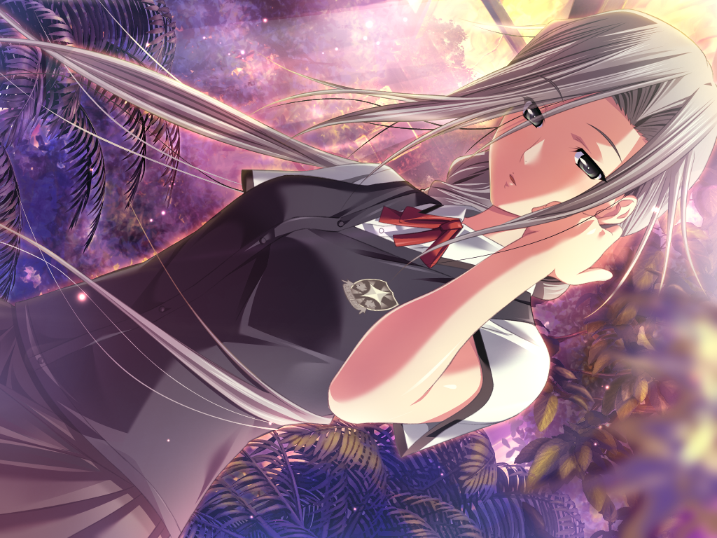 1girl adjusting_hair amagase_tomomi bangs black_vest blurry blurry_foreground collared_shirt dress_shirt dutch_angle eyebrows_visible_through_hair floating_hair game_cg grey_eyes grey_skirt hair_between_eyes hair_intakes long_hair looking_at_viewer m&amp;m neck_ribbon official_art pleated_skirt red_ribbon ribbon saint_estera_gakuin_no_shichinin_no_majo school_uniform shirt short_sleeves silver_hair skirt solo standing twintails very_long_hair vest white_shirt wind wing_collar