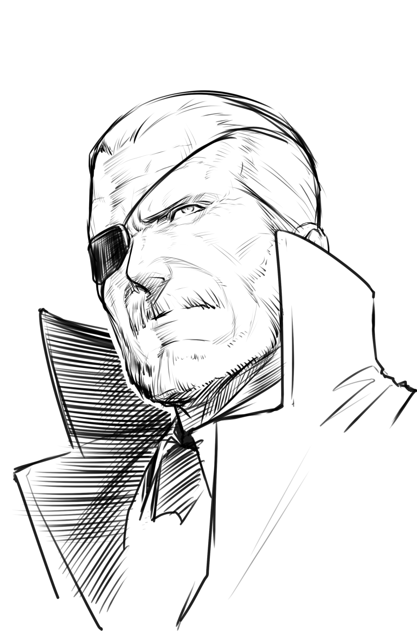 1boy beard collared_coat eyepatch face facial_hair greyscale hair_slicked_back highres hikichi_sakuya male_focus mature_male metal_gear_(series) metal_gear_solid monochrome mustache old old_man older portrait short_hair sketch solid_snake solo upper_body wrinkled_skin