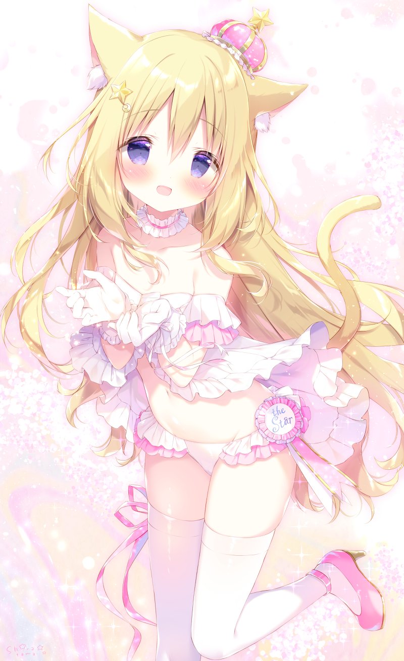 1girl :d animal_ear_fluff animal_ears babydoll bangs bare_shoulders blonde_hair blue_eyes blush cat_ears cat_girl cat_tail commentary crown english_commentary eyebrows_visible_through_hair feet_out_of_frame frilled_panties frills gloves hair_between_eyes hands_up high_heels highres long_hair looking_at_viewer mini_crown open_mouth original panties pink_footwear shiratama_(shiratamaco) shoes smile solo standing standing_on_one_leg star_(symbol) tail thigh-highs underwear very_long_hair white_gloves white_legwear white_panties