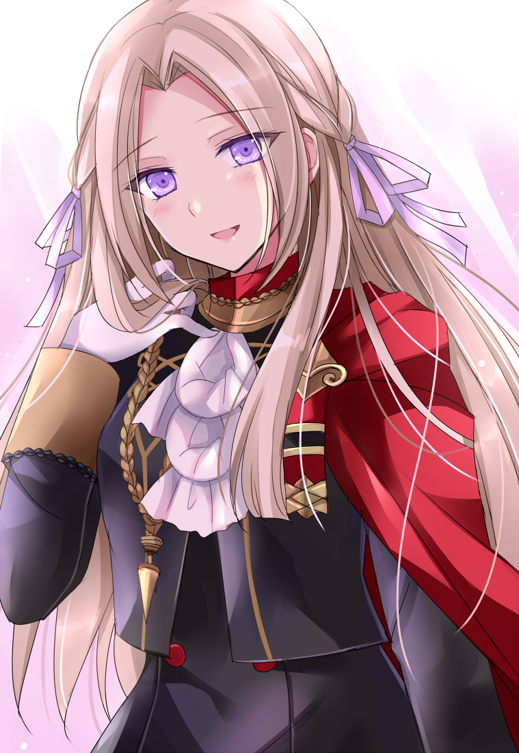 1girl ascot blush buttons cape commentary_request edelgard_von_hresvelg eyebrows_visible_through_hair eyes_visible_through_hair fire_emblem fire_emblem:_three_houses forehead garreg_mach_monastery_uniform gloves hair_ribbon hand_in_hair kirishima_riona lips long_hair long_sleeves looking_at_viewer open_mouth pink_lips purple_ribbon red_cape ribbon sidelocks smile solo uniform upper_body violet_eyes white_gloves white_hair white_neckwear