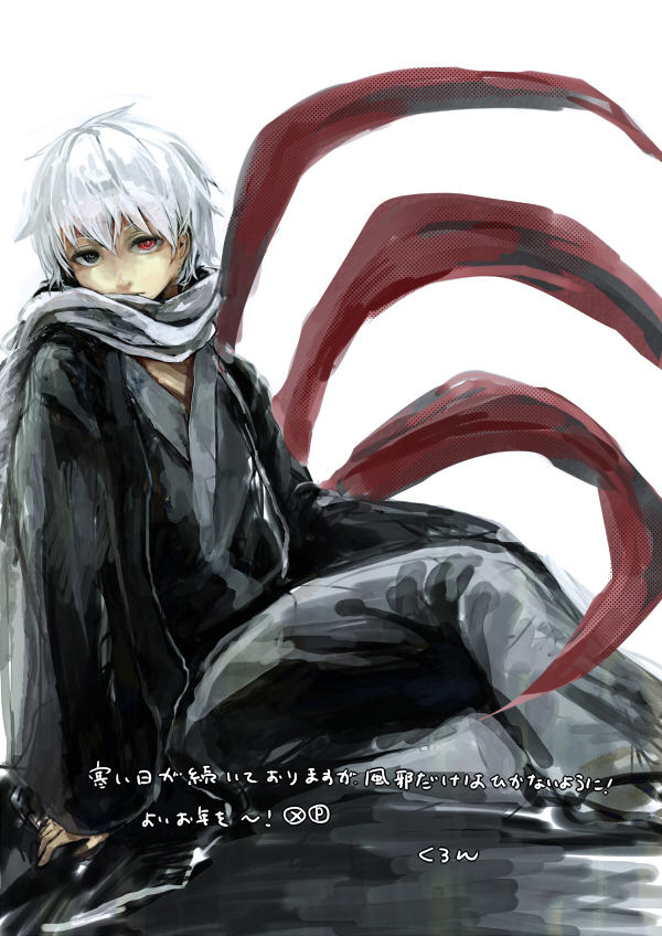 1boy arm_support bangs from_side grey_background grey_hair grey_scarf kagune_(tokyo_ghoul) kaneki_ken long_sleeves looking_at_viewer male_focus red_eyes scarf shiny shiny_hair short_hair simple_background sitting solo straw_like tentacles tokyo_ghoul translation_request white_hair