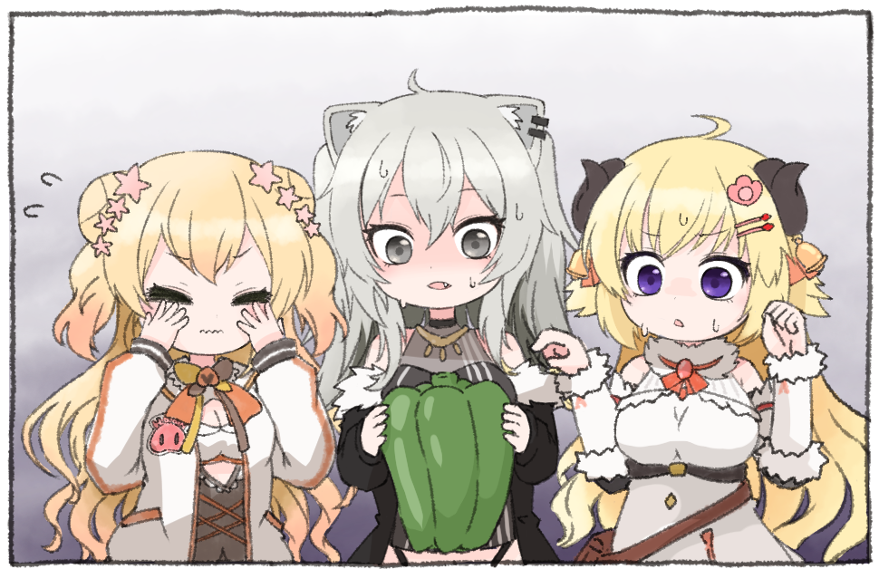 3girls animal_ears blonde_hair chibi commentary_request flying_sweatdrops grey_hair hololive horns lion_ears lion_girl momosuzu_nene multiple_girls nervous sheep_ears sheep_girl sheep_horns shishiro_botan tonton_(tonz159) tsunomaki_watame upper_body virtual_youtuber