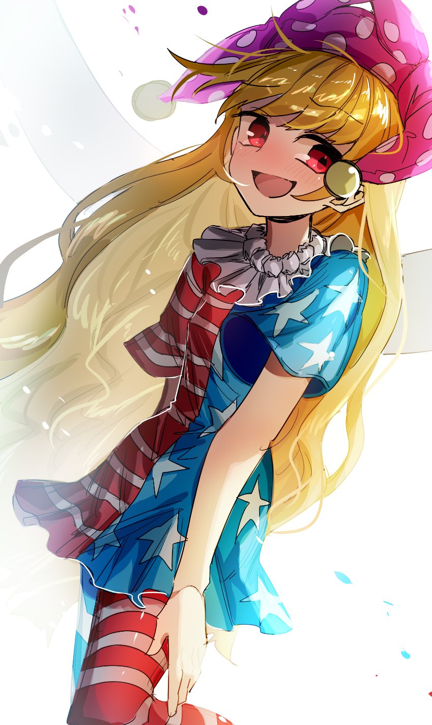 1girl american_flag_dress american_flag_legwear asuku_(69-1-31) bangs blonde_hair blush clownpiece cropped_legs eyebrows_visible_through_hair fairy_wings hair_between_eyes hat highres jester_cap long_hair looking_to_the_side neck_ruff open_mouth pantyhose polka_dot red_eyes short_sleeves simple_background solo touhou white_background wings