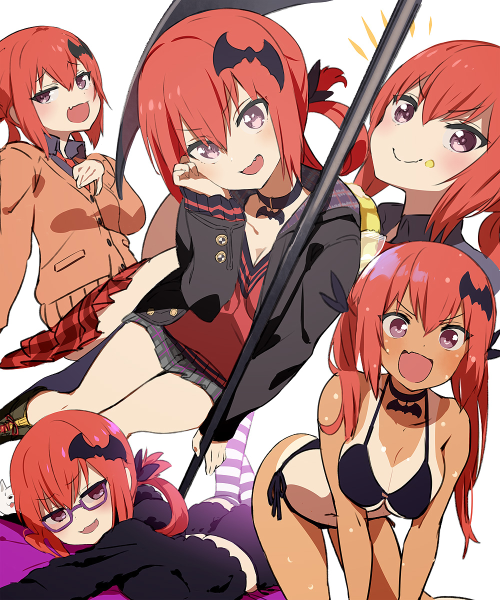 1girl bat_hair_ornament bikini black_bikini breasts cardigan commentary_request gabriel_dropout gabu_(az210309) glasses hair_ornament highres large_breasts looking_at_viewer multiple_views one-piece_tan open_mouth redhead satanichia_kurumizawa_mcdowell short_hair simple_background smile solo swimsuit tan tanlines violet_eyes white_background