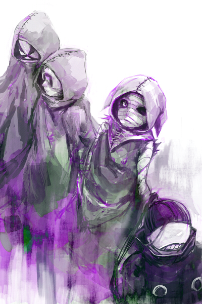 1girl 3boys bandaged_arm bandaged_head bandages bangs bin_brothers_(tokyo_ghoul) brown_hair cloak eto_(tokyo_ghoul) grey_background half_mask hood hooded_cloak looking_at_viewer mask multiple_boys noro_(tokyo_ghoul) ponytail purple_theme sketch straw_like teeth_print tokyo_ghoul torn_cloak torn_clothes violet_eyes