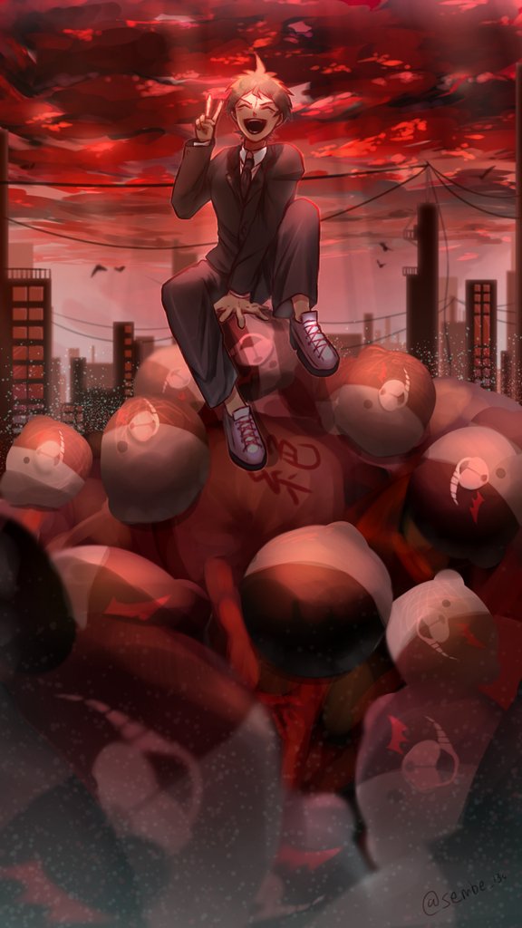 1boy :d animal bangs bird black_jacket black_pants clouds collared_shirt danganronpa_(series) danganronpa_3_(anime) hinata_hajime jacket knee_up long_sleeves male_focus monokuma necktie open_mouth outdoors pants red_sky red_theme sembe_(sembe_134) shirt shoes sky smile upper_teeth utility_pole v white_shirt