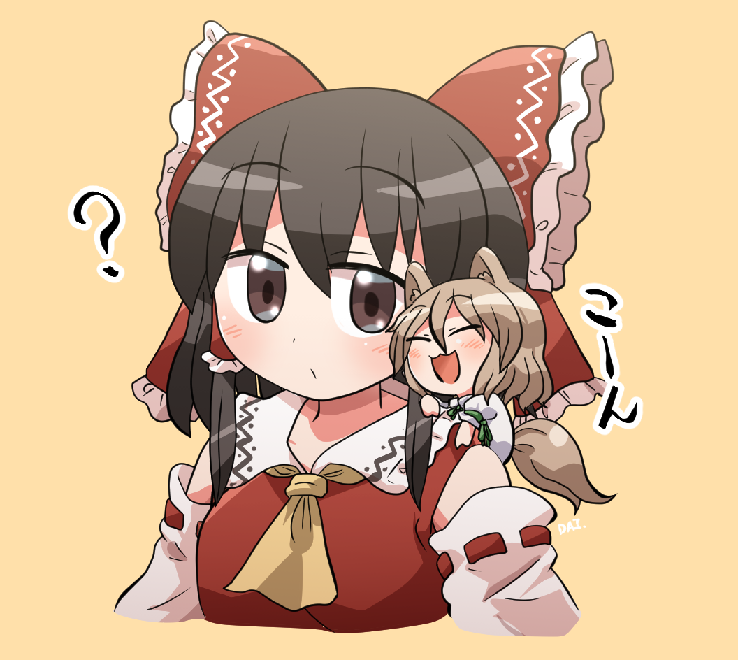 2girls ? animal_ears ascot bangs bare_shoulders blush bow breasts brown_eyes brown_hair chibi closed_eyes closed_mouth collar collared_dress detached_sleeves dress eyebrows_visible_through_hair eyes_visible_through_hair fox_ears fox_tail green_bow hair_between_eyes hair_ornament hair_tubes hakurei_reimu jumpsuit kudamaki_tsukasa light_brown_hair long_sleeves looking_at_another medium_breasts multiple_girls open_mouth puffy_short_sleeves puffy_sleeves red_bow red_dress rokugou_daisuke short_hair short_sleeves simple_background sitting sitting_on_person smile tail touhou upper_body white_jumpsuit white_sleeves wide_sleeves yellow_background yellow_neckwear