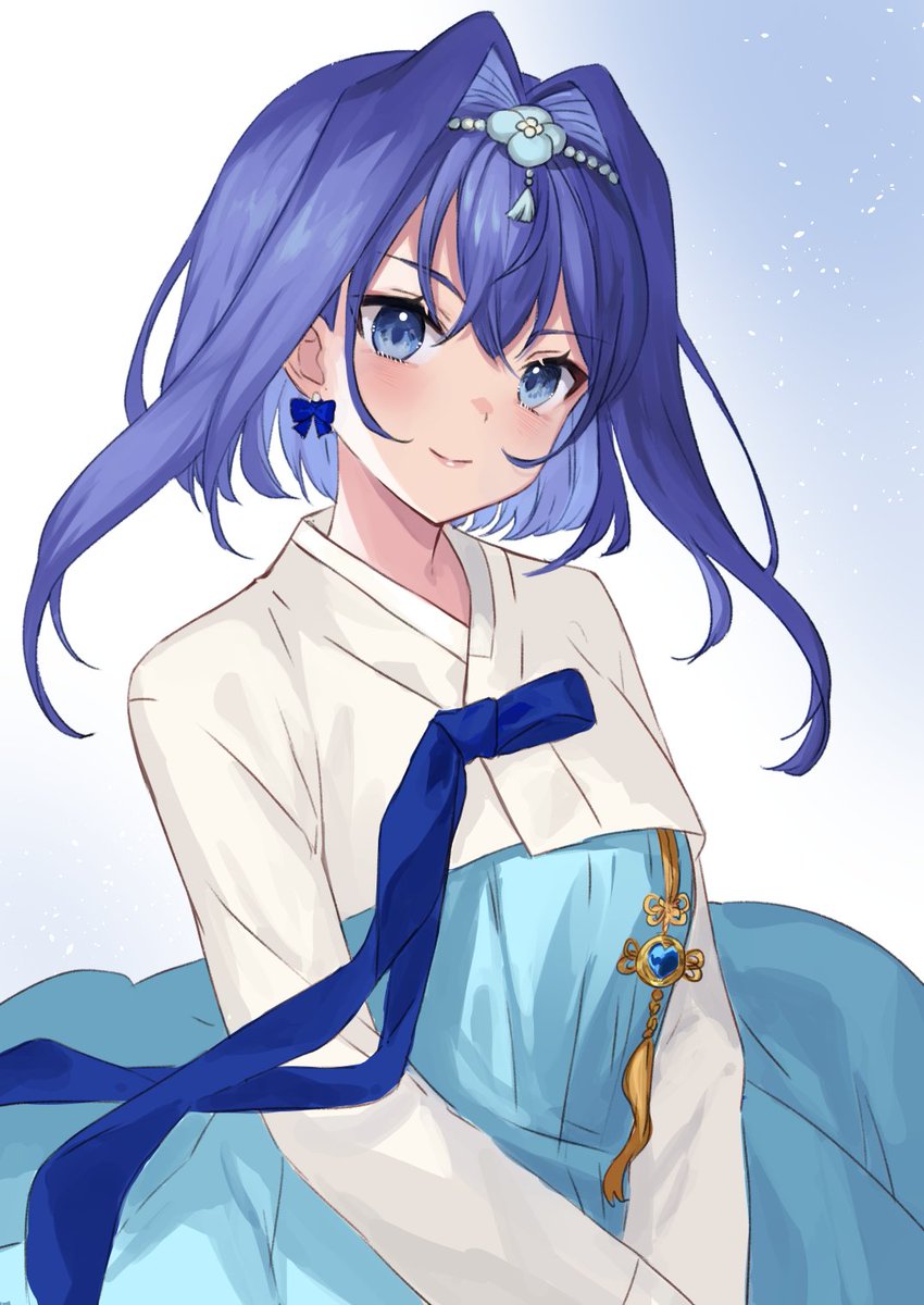 1girl blue_dress blue_eyes blue_hair breasts cowboy_shot dress earrings hair_flaps hanbok headband highres hololive hololive_english jewelry korean_clothes long_sleeves looking_at_viewer medium_breasts ouro_kronii ribbon_earrings short_hair simple_background solo ten-chan_(eternal_s) traditional_clothes