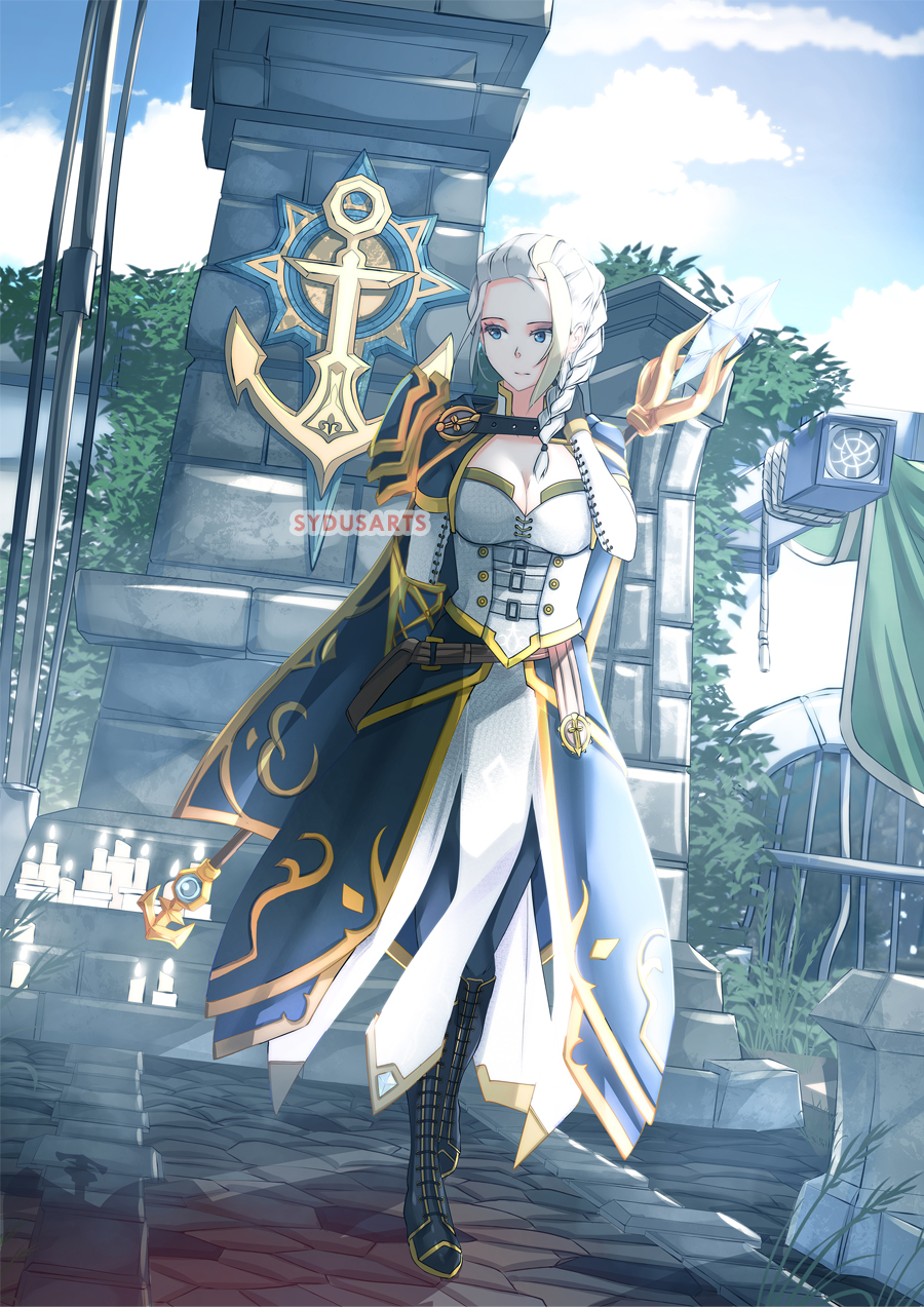 1girl armor artist_name boots braid cleavage_cutout clothing_cutout english_commentary french_braid full_body grey_hair highres jaina_proudmoore pauldrons shoulder_armor single_pauldron staff sydus warcraft