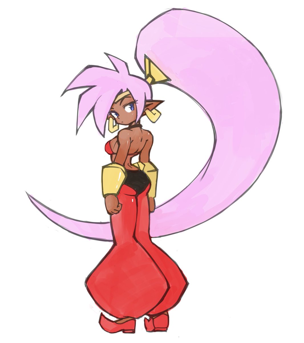 earrings highres jewelry looking_at_viewer looking_back pointy_ears ponytail shantae shantae_(series) solo white_background zachsnyderart
