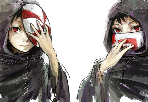 2boys bangs bin_brothers_(tokyo_ghoul) black_hair brothers cloak half_mask hand_up holding holding_mask hood hood_up hooded_cloak long_sleeves mask mask_removed mouth_mask multiple_boys one_eye_covered red_eyes short_hair siblings simple_background sketch straw_like tokyo_ghoul white_background