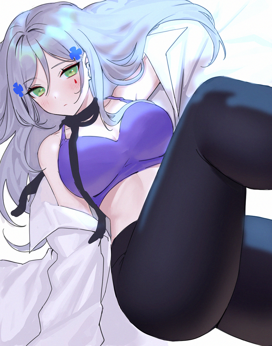 1girl bangs black_legwear black_pants blush bra breasts closed_mouth collarbone commentary_request crossed_bangs eyebrows_visible_through_hair girls_frontline green_eyes hair_between_eyes hair_ornament hk416_(girls'_frontline) leggings light_blue_hair long_hair looking_at_viewer lying medium_breasts on_back open_clothes open_shirt pants purple_bra purple_sports_bra ribbon shirt silver_hair siun solo sports_bra teardrop teardrop_facial_mark teardrop_tattoo thighs underwear white_background white_shirt
