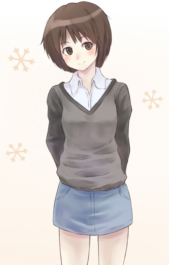 1girl amagami arms_behind_back bangs blush breasts brown_eyes brown_hair clothes_lift commentary cowboy_shot denim denim_skirt dress_shirt gradient gradient_background grey_sweater hair_strand head_tilt looking_at_viewer purea shirt short_hair skirt skirt_lift small_breasts smile snowflakes solo standing sweater tachibana_miya white_background white_shirt