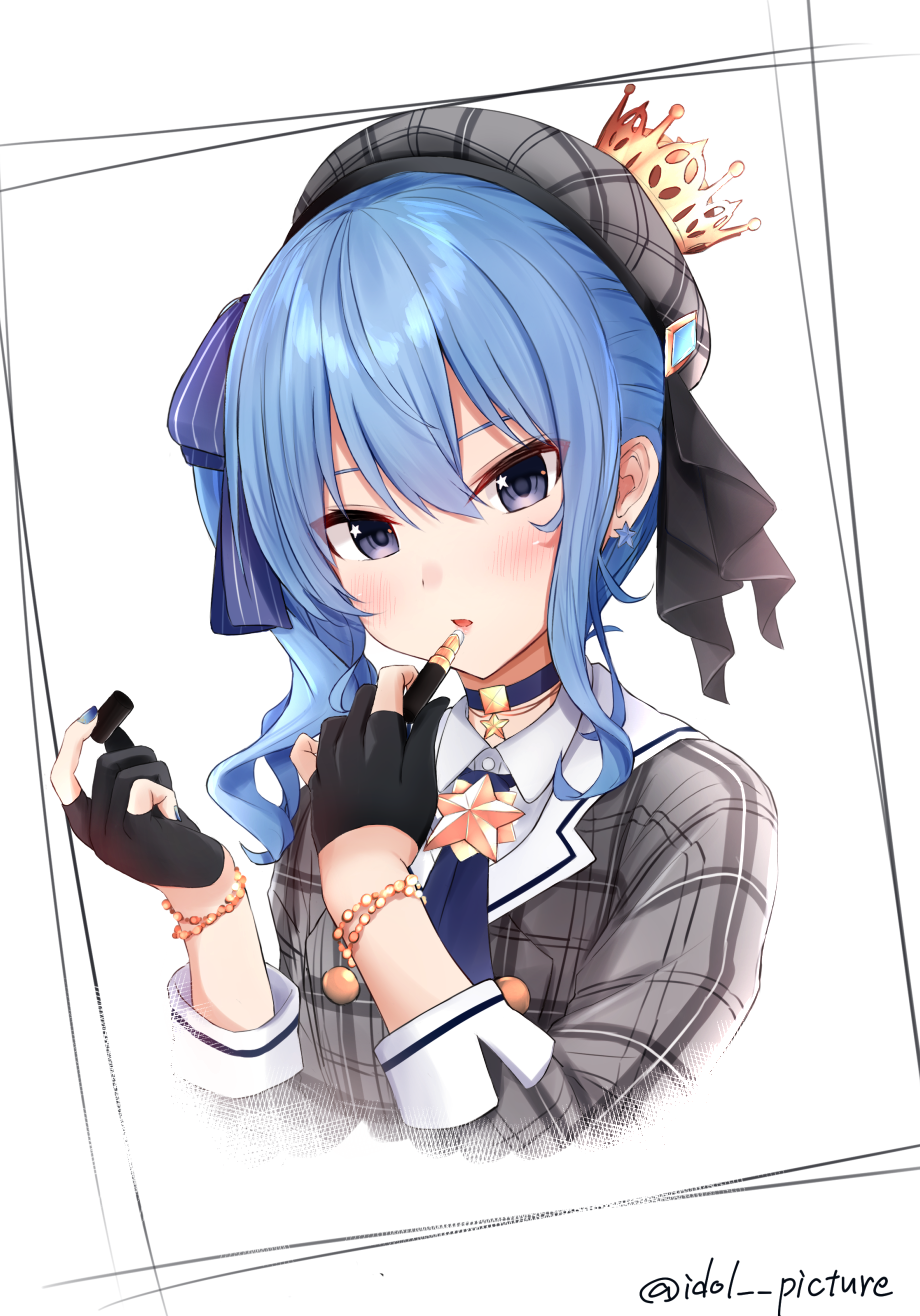 1girl applying_makeup bangs beret black_gloves blue_choker blue_eyes blue_hair blue_nails blush bracelet choker commentary_request cosmetics crown earrings ex_idol gloves grey_headwear grey_shirt hair_between_eyes hat highres holding holding_lipstick_tube hololive hoshimachi_suisei jewelry lipstick_tube long_hair long_sleeves looking_at_viewer nail_polish parted_lips partially_fingerless_gloves plaid plaid_headwear plaid_shirt revision shirt side_ponytail solo star_(symbol) star_choker star_earrings star_in_eye symbol_in_eye twitter_username virtual_youtuber white_background