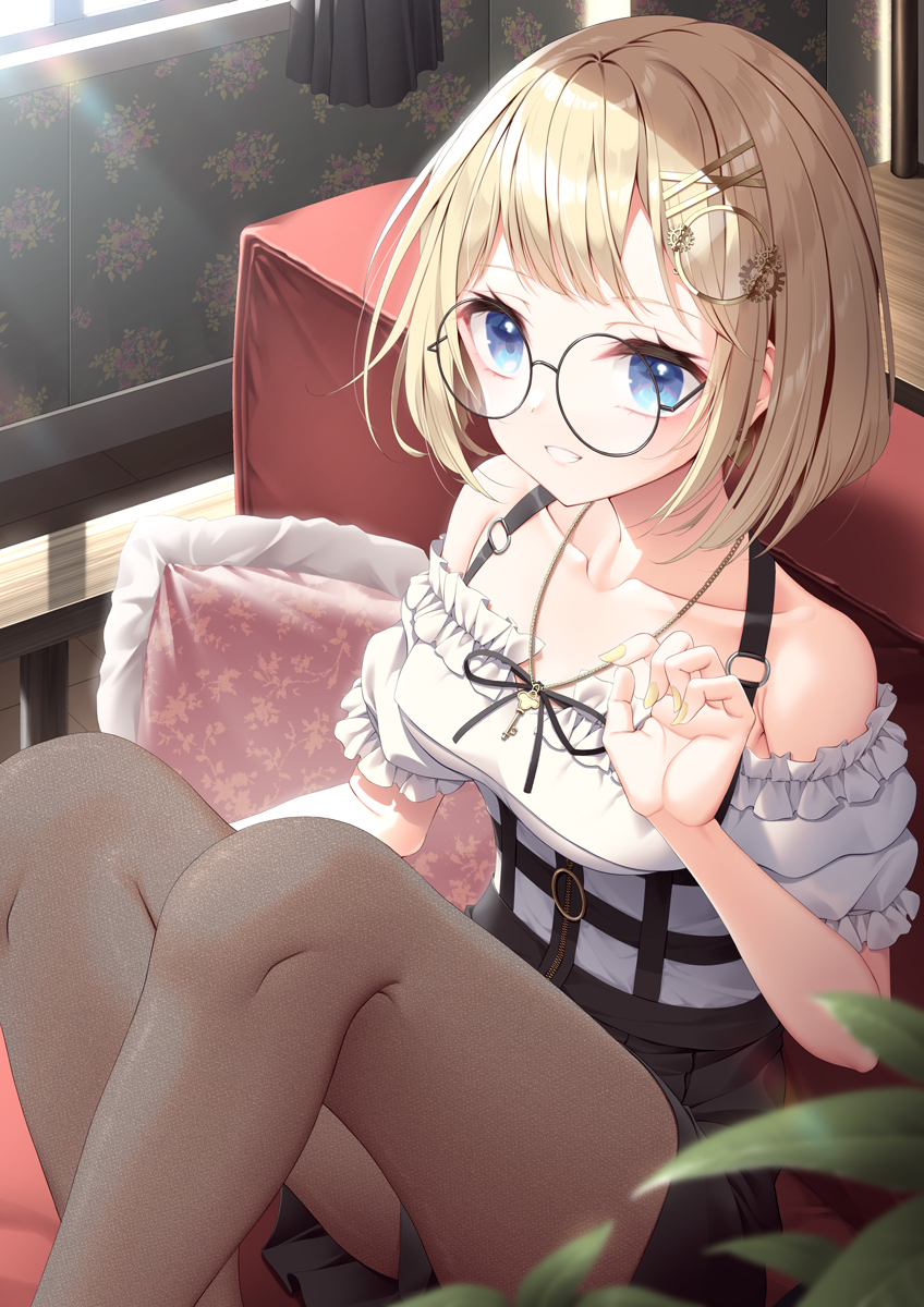 1girl bangs bare_shoulders black-framed_eyewear black_skirt blonde_hair blue_eyes brown_legwear commentary_request couch eyebrows_visible_through_hair feet_out_of_frame frilled_pillow frilled_shirt frills glasses grin hair_ornament hairclip hand_up highres hololive hololive_english indoors kine-c knees_up nail_polish off-shoulder_shirt off_shoulder on_couch pantyhose pillow pleated_skirt puffy_short_sleeves puffy_sleeves round_eyewear shirt short_sleeves sitting skirt smile solo virtual_youtuber watson_amelia white_shirt wooden_floor yellow_nails
