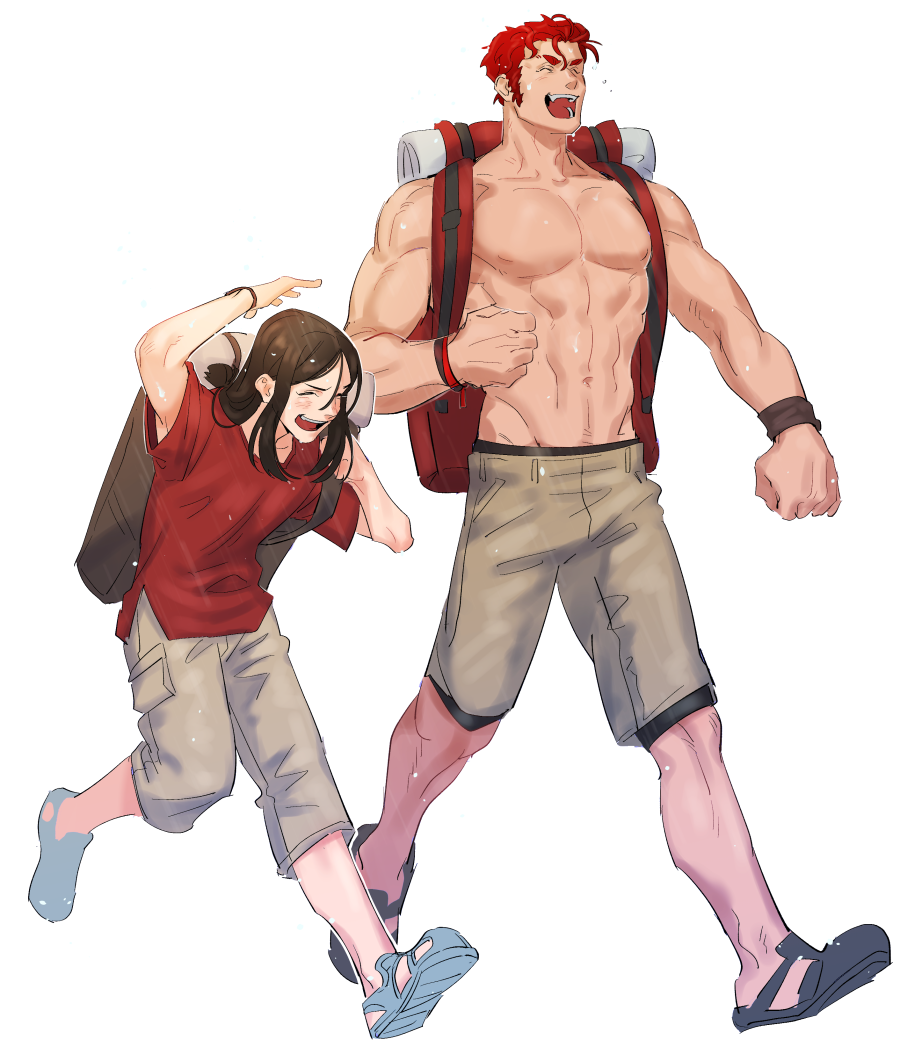 2boys abs alexandros_(fate) backpack bag brown_shorts fate/zero fate_(series) full_body iskandar_(fate) jeje_(pixiv12541114) large_pectorals male_focus multiple_boys muscular muscular_male navel navel_hair nipples pectorals red_eyes redhead short_hair shorts stomach topless_male walking waver_velvet younger