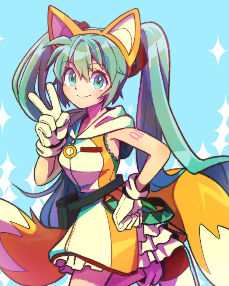 1girl animal_ear_headwear animal_ears aqua_hair breasts commentary_request cosplay dress fake_animal_ears fox_ears fox_tail gloves hatsune_miku hood hood_down long_hair looking_at_viewer misuta710 multicolored multicolored_clothes multicolored_dress multiple_tails sleeveless smile solo sonic_(series) tail tails_(sonic) tails_(sonic)_(cosplay) twintails two_tails v very_long_hair vocaloid white_dress white_gloves yellow_dress