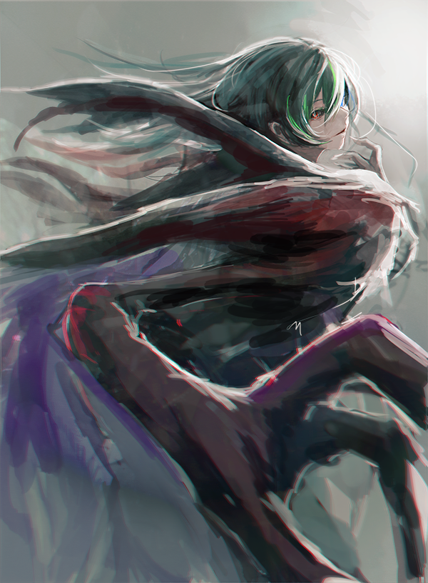 1girl bangs black_sclera blue_eyes claws colored_sclera eto_(tokyo_ghoul) floating_hair from_side gradient gradient_background green_hair grey_background hand_up heterochromia kagune_(tokyo_ghoul) long_hair looking_at_viewer parted_lips red_eyes solo straw_like tokyo_ghoul