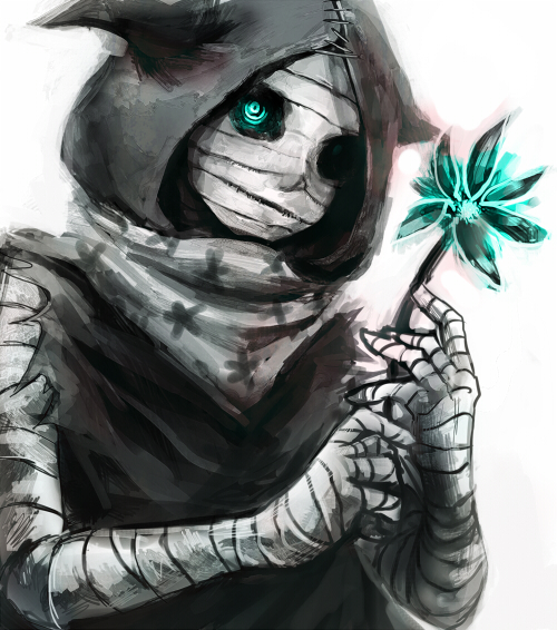 1girl bandaged_arm bandaged_head bandages black_cloak black_sclera cloak colored_sclera commentary_request eto_(tokyo_ghoul) flower grey_background grey_eyes grey_scarf hands_up holding holding_flower hood hooded_cloak scarf simple_background solo straw_like tokyo_ghoul