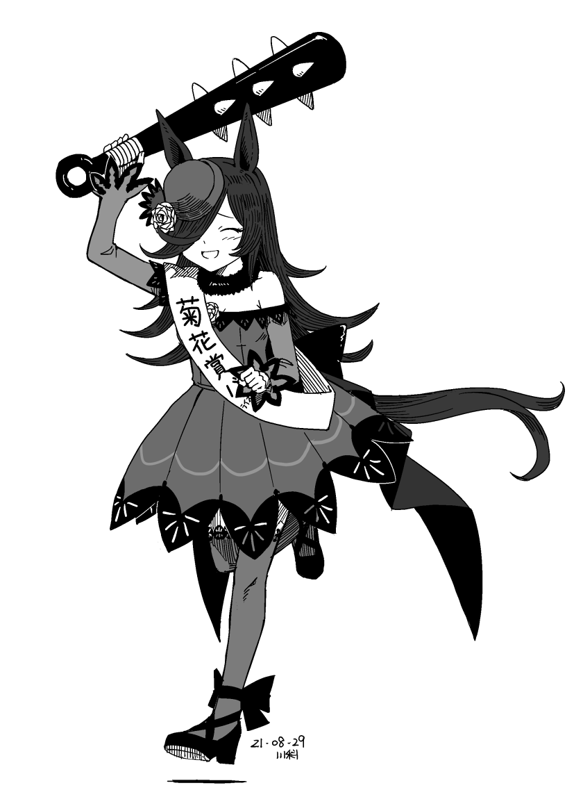 1girl animal_ears arm_up closed_eyes club_(weapon) dated dress flower full_body greyscale hair_over_one_eye hat high_heels holding holding_weapon horse_ears horse_girl horse_tail kanabou kawashina_(momen_silicon) long_hair long_sleeves mini_hat monochrome off-shoulder_dress off_shoulder open_mouth rice_shower_(umamusume) rose running sash solo tail translation_request umamusume weapon