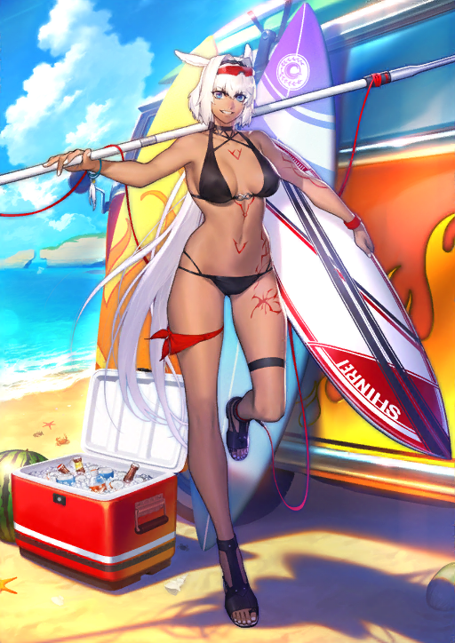 1girl animal_ears arm_tattoo beach bikini blue_eyes breasts caenis_(fate) caenis_(swimsuit_rider)_(fate) chaldea_logo chest_tattoo cooler crab dark_skin day eyewear_on_head fate/grand_order fate_(series) food fruit full_body grey_hair hair_between_eyes holding holding_surfboard large_breasts long_hair looking_at_viewer navel official_art outdoors parted_lips sand sandals smile solo standing standing_on_one_leg starfish stomach_tattoo sunglasses surfboard swimsuit tattoo teeth thigh_strap very_long_hair water watermelon