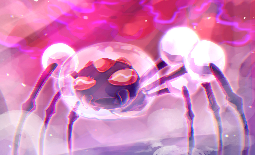 araquanid blurry bubble bug chiimako commentary_request fog looking_at_viewer no_humans pokemon pokemon_(creature) red_eyes solo standing