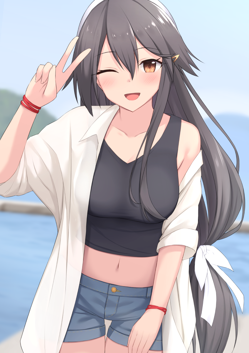 1girl akahi242 armlet black_shirt blue_shorts blush cowboy_shot crop_top grey_hair hair_between_eyes hair_ornament hair_ribbon hairband hairclip harbor haruna_(kancolle) highres island jacket kantai_collection long_hair navel ocean one_eye_closed open_mouth ribbon shirt shorts sleeveless smile solo v white_hairband white_jacket white_ribbon