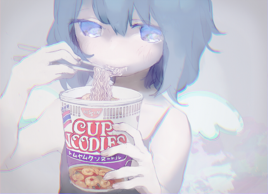 1girl angel_wings anry_(rmrnmrm) arm_up bangs bare_arms bare_shoulders blue_eyes blue_hair camisole chopsticks chromatic_aberration closed_mouth collarbone cup_noodle eating eyes_visible_through_hair food food_in_mouth grey_background hair_between_eyes hand_up holding holding_chopsticks holding_food looking_at_viewer looking_to_the_side muted_color nissin noodles original product_placement ramen ramen short_hair solo spaghetti_strap upper_body wings
