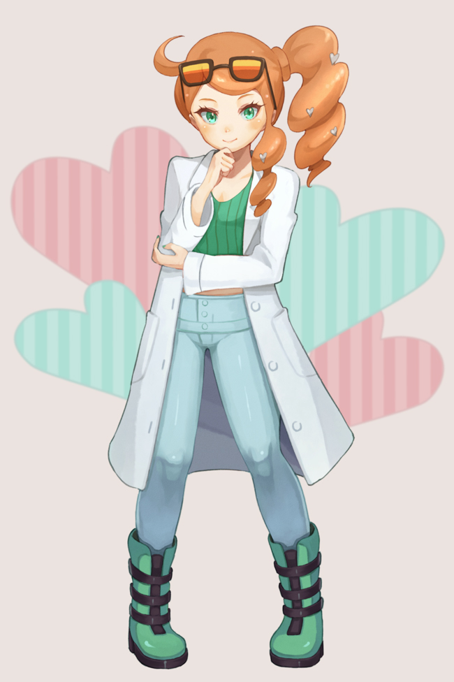 1girl ahoge arm_under_breasts blue_pants blush boots breasts cleaver coat commentary cropped_shirt denim drill_hair eyelashes eyewear_on_head full_body green_eyes green_footwear green_shirt hair_ornament hand_on_own_arm hand_on_own_chin heart heart_hair_ornament jacket jeans labcoat legs_apart long_hair long_jacket long_sleeves looking_at_viewer medium_breasts midriff orange_hair pants pigeon-toed pokemon pokemon_(game) pokemon_swsh purea ribbed_shirt shirt side_ponytail smile solo sonia_(pokemon) standing striped sunglasses vertical_stripes white_background white_jacket