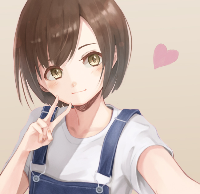1girl bangs blush brown_background brown_eyes brown_hair closed_mouth collarbone commentary hair_strand head_tilt heart looking_at_viewer original overalls purea reaching_out selfie shirt short_hair simple_background smile solo t-shirt upper_body v white_shirt
