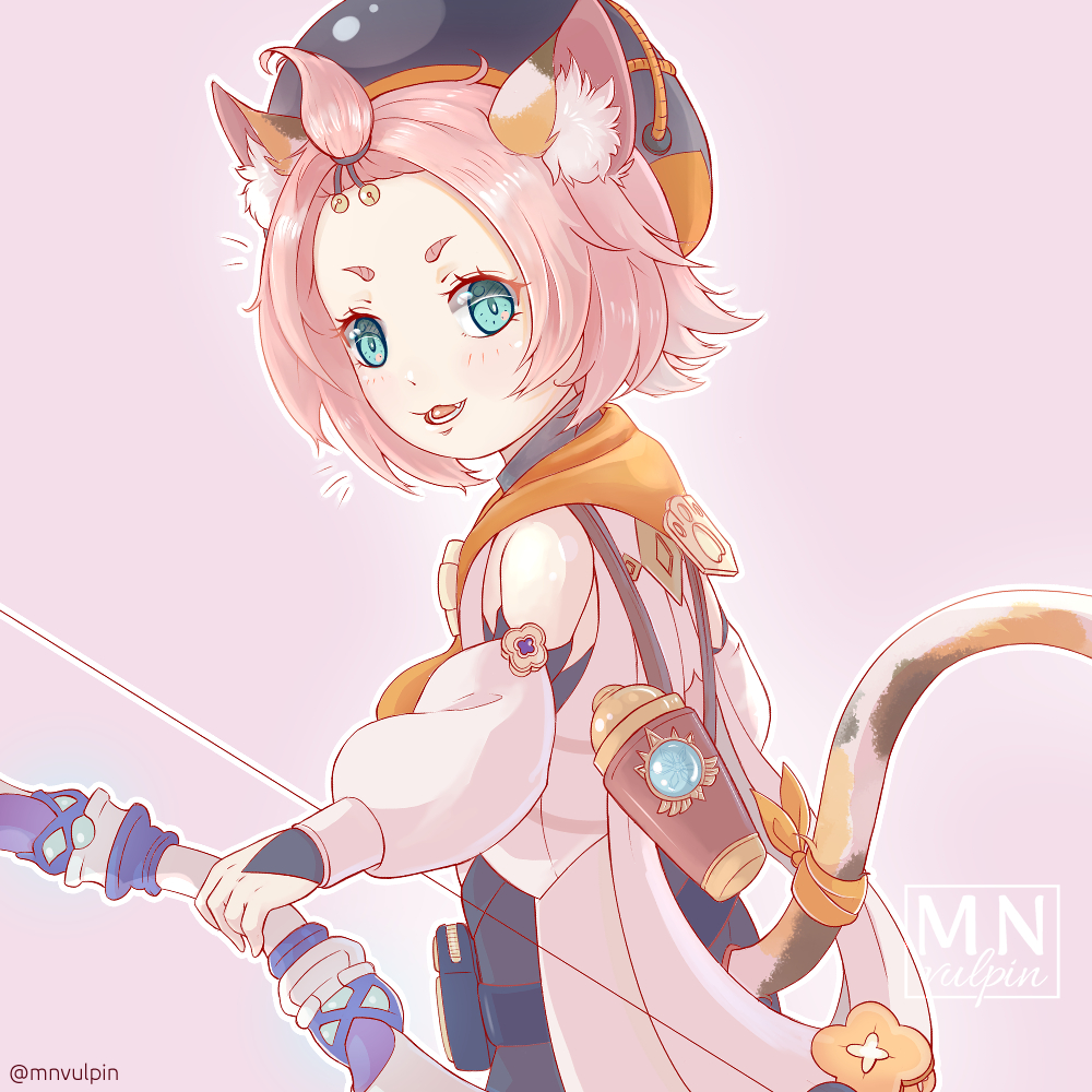 :3 animal_ears bag bangs_pinned_back black_shorts bow_(weapon) cat_ears cat_girl cat_tail cocktail_shaker detached_sleeves diona_(genshin_impact) forehead genshin_impact gloves green_eyes hat holding holding_bow_(weapon) holding_weapon mouth_hold paw_print_palms pink_background pink_hair puffy_detached_sleeves puffy_shorts puffy_sleeves ribbon shorts tail tail_ornament tail_ribbon thick_eyebrows vision_(genshin_impact) vurupin weapon white_gloves