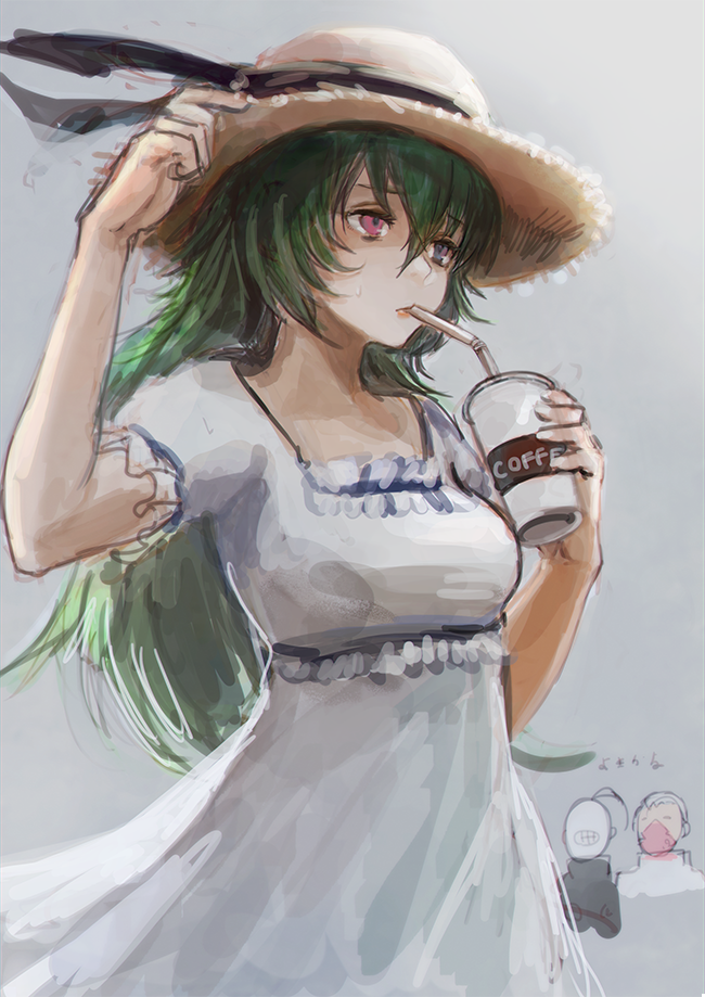 1girl bangs blue_eyes breasts brown_headwear coffee cup disposable_cup dress eto_(tokyo_ghoul) green_hair grey_background hair_between_eyes hat heterochromia holding holding_cup long_hair medium_breasts medium_dress noro_(tokyo_ghoul) red_eyes short_sleeves simple_background sketch straw_like sundress tatara_(tokyo_ghoul) tokyo_ghoul translation_request white_dress