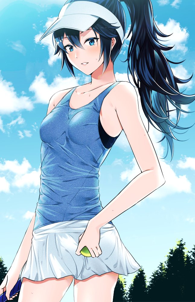 1girl alternate_costume alternate_hairstyle ameno_(a_meno0) ball blue_eyes blue_hair blue_tank_top breasts clouds cowboy_shot fire_emblem fire_emblem_awakening holding holding_ball long_hair lucina_(fire_emblem) miniskirt outdoors parted_lips ponytail skirt sky small_breasts solo sportswear tank_top tennis_ball tennis_uniform tree visor_cap