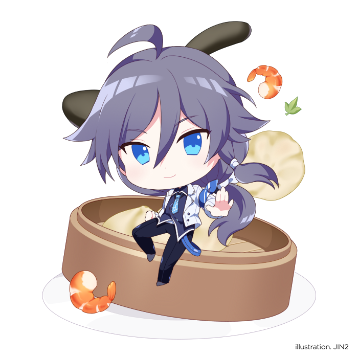 1girl bangs baozi black_hair black_pants blue_eyes blue_neckwear chibi closed_mouth food fu_hua fu_hua_(night_squire) full_body hair_between_eyes honkai_(series) honkai_impact_3rd jacket jin2 long_hair long_sleeves looking_at_viewer necktie pants plate ponytail shrimp simple_background smile solo white_background white_jacket