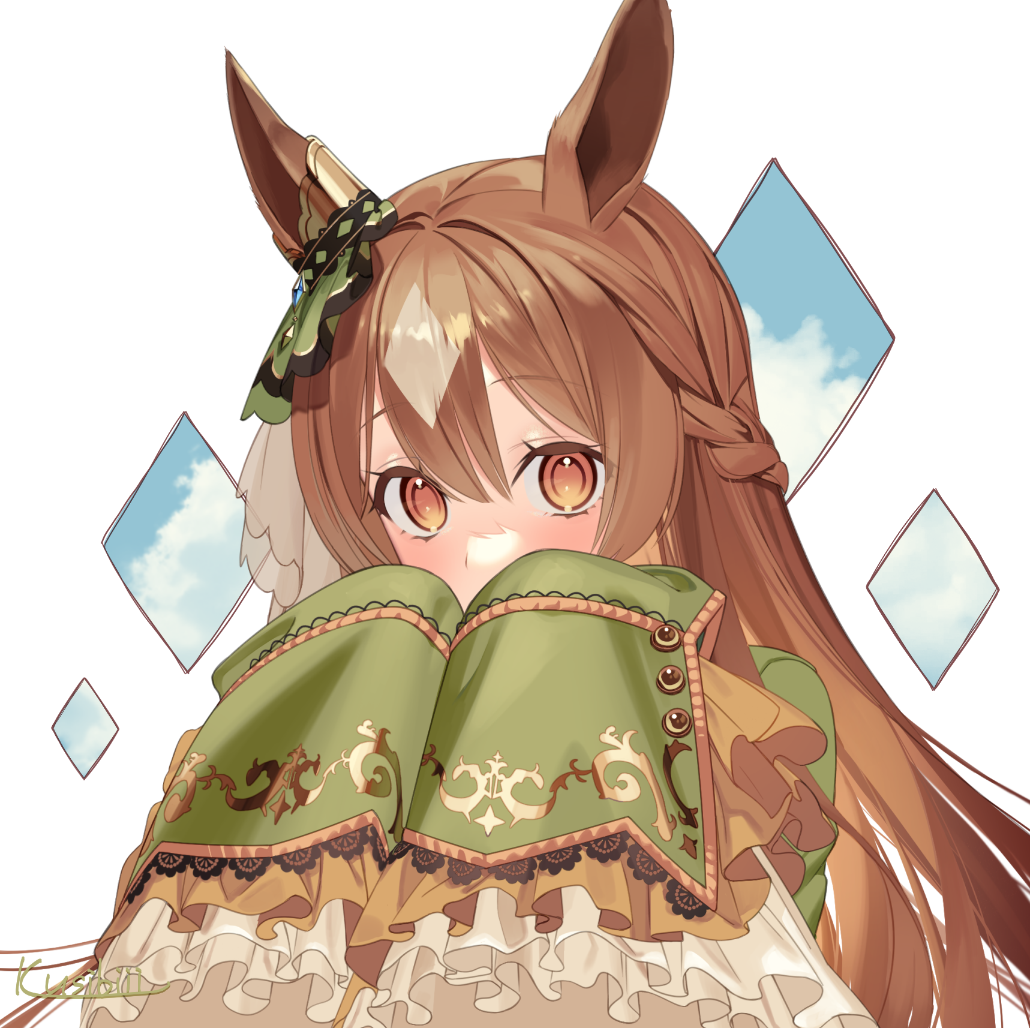 1girl animal_ears bangs blush braid brown_hair clouds commentary_request covering_mouth ear_ornament eyebrows_visible_through_hair frilled_sleeves frills grey_hair horse_ears kushibi long_hair long_sleeves looking_at_viewer multicolored_hair orange_eyes satono_diamond_(umamusume) sleeves_past_fingers sleeves_past_wrists solo two-tone_hair umamusume upper_body white_background