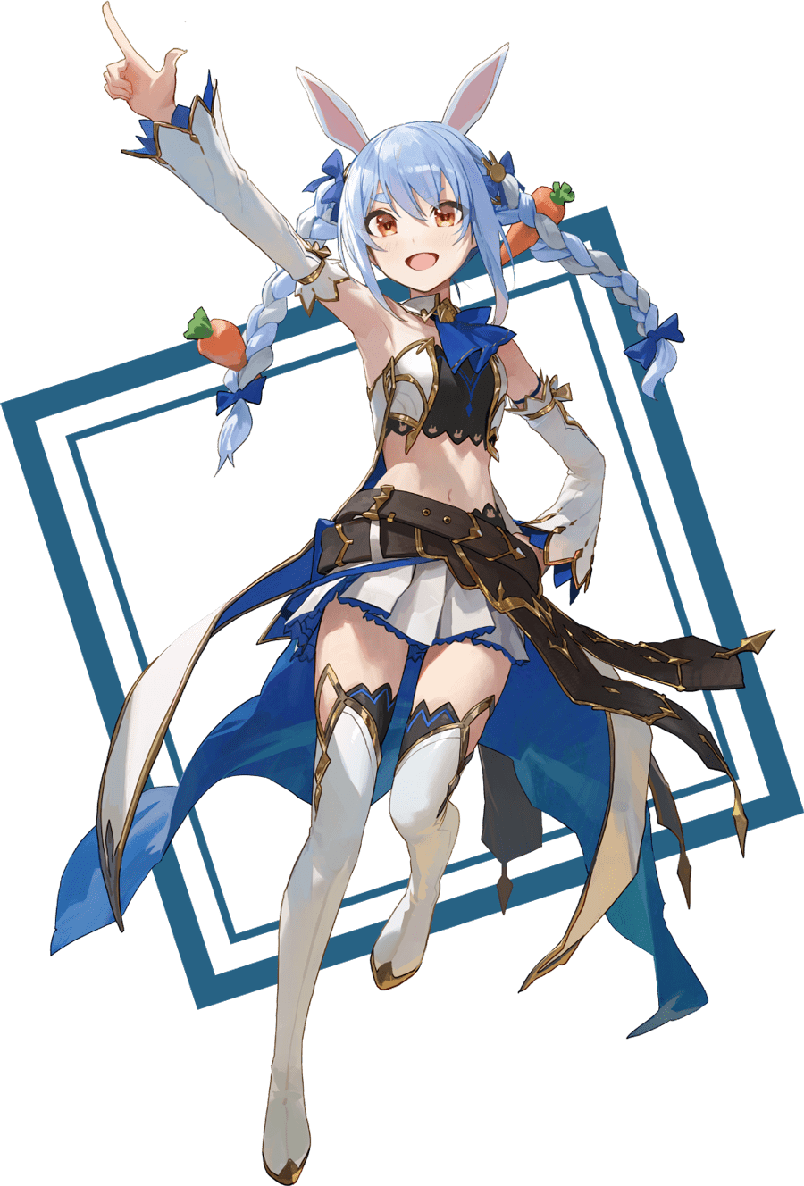 1girl :d animal_ears arm_up armpits artist_request ascot bangs bare_shoulders belt beltskirt blue_hair boots bow braid breasts carrot_hair_ornament food-themed_hair_ornament full_body hair_bow hair_ornament highres hololive index_finger_raised key_visual long_hair looking_at_viewer midriff multicolored_hair multiple_belts navel official_art open_mouth pointing pointing_up pointy_ears promotional_art rabbit_ears rabbit_girl small_breasts smile solo thigh-highs transparent_background twin_braids usada_pekora virtual_youtuber white_footwear white_hair zettai_ryouiki
