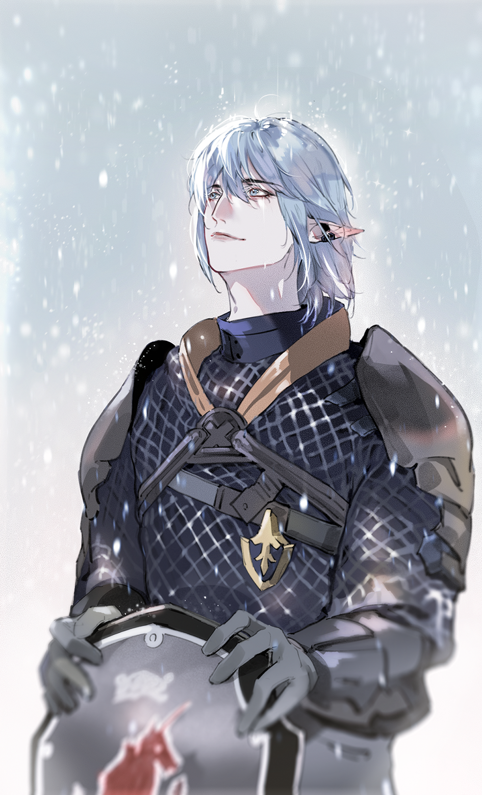 1boy armor bearcherry blue_eyes blurry chainmail closed_mouth depth_of_field ear_clip elezen elf eyebrows_visible_through_hair final_fantasy final_fantasy_xiv gloves grey_gloves haurchefant_greystone highres holding holding_shield male_focus medium_hair pointy_ears shield silver_hair snowing soft_focus solo upper_body vambraces