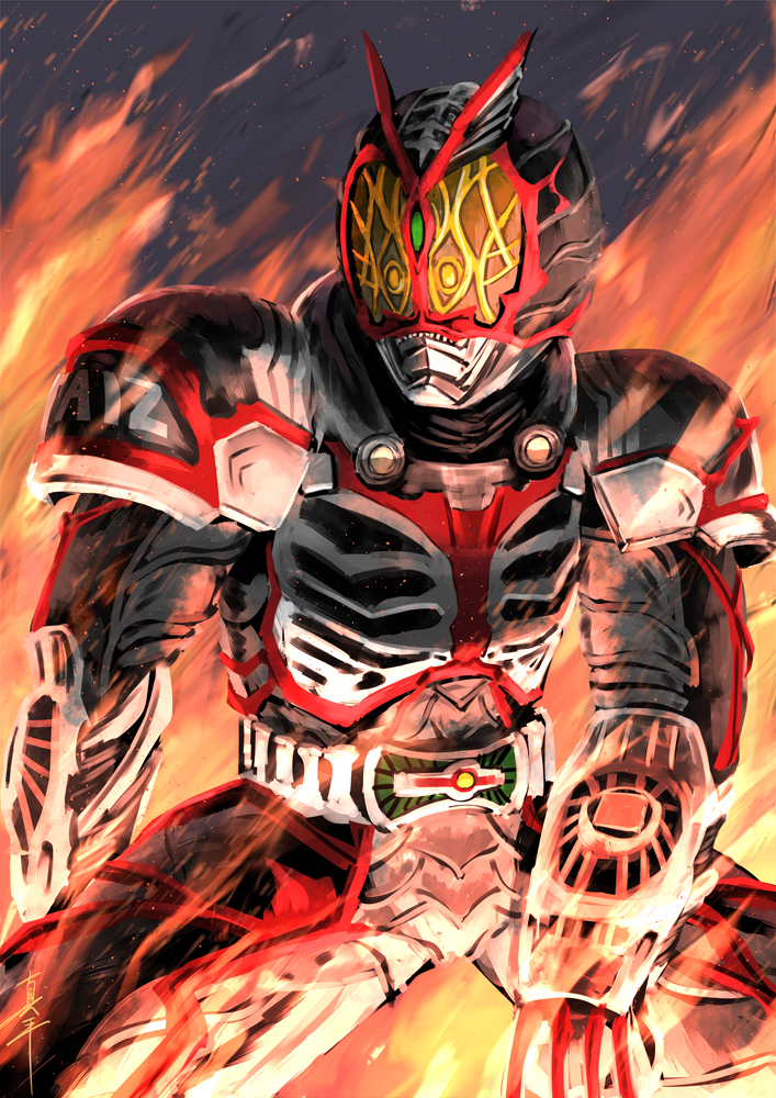 1boy another_rider_(zi-o) another_rider_faiz_(zi-o) armor black_armor black_background black_legwear black_skin burning clenched_teeth colored_skin creature driver fins fire gauntlets grimace head_fins kamen_rider kamen_rider_zi-o_(series) monster shinpei_(shimpay) teeth visor white_armor yellow_eyes