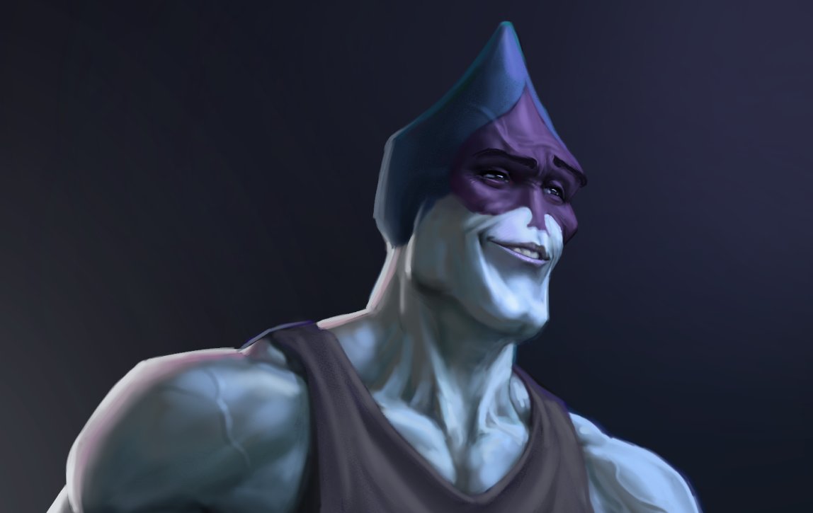 1boy chin cleft_chin collarbone deltarune gigachad_(meme) grin kurolines lancer_(deltarune) lips looking_ahead man_face manly meme multicolored multicolored_background muscular neck pectorals portrait raised_eyebrow smile spade_(shape) tank_top thick_eyebrows upper_body veins