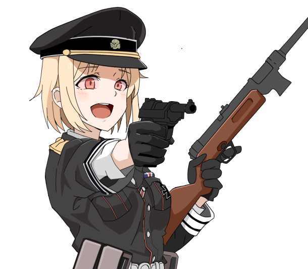 1girl aiming belt black_gloves black_headwear black_shirt blonde_hair colored_sclera dual_wielding girls_frontline gloves gun handgun hat holding holding_weapon iron_cross military military_uniform mp40 mp40_(girls'_frontline) open_mouth peaked_cap perfect_han pink_sclera red_eyes shirt short_hair simple_background smile solo submachine_gun teeth totenkopf uniform upper_body walther walther_p38 weapon white_background