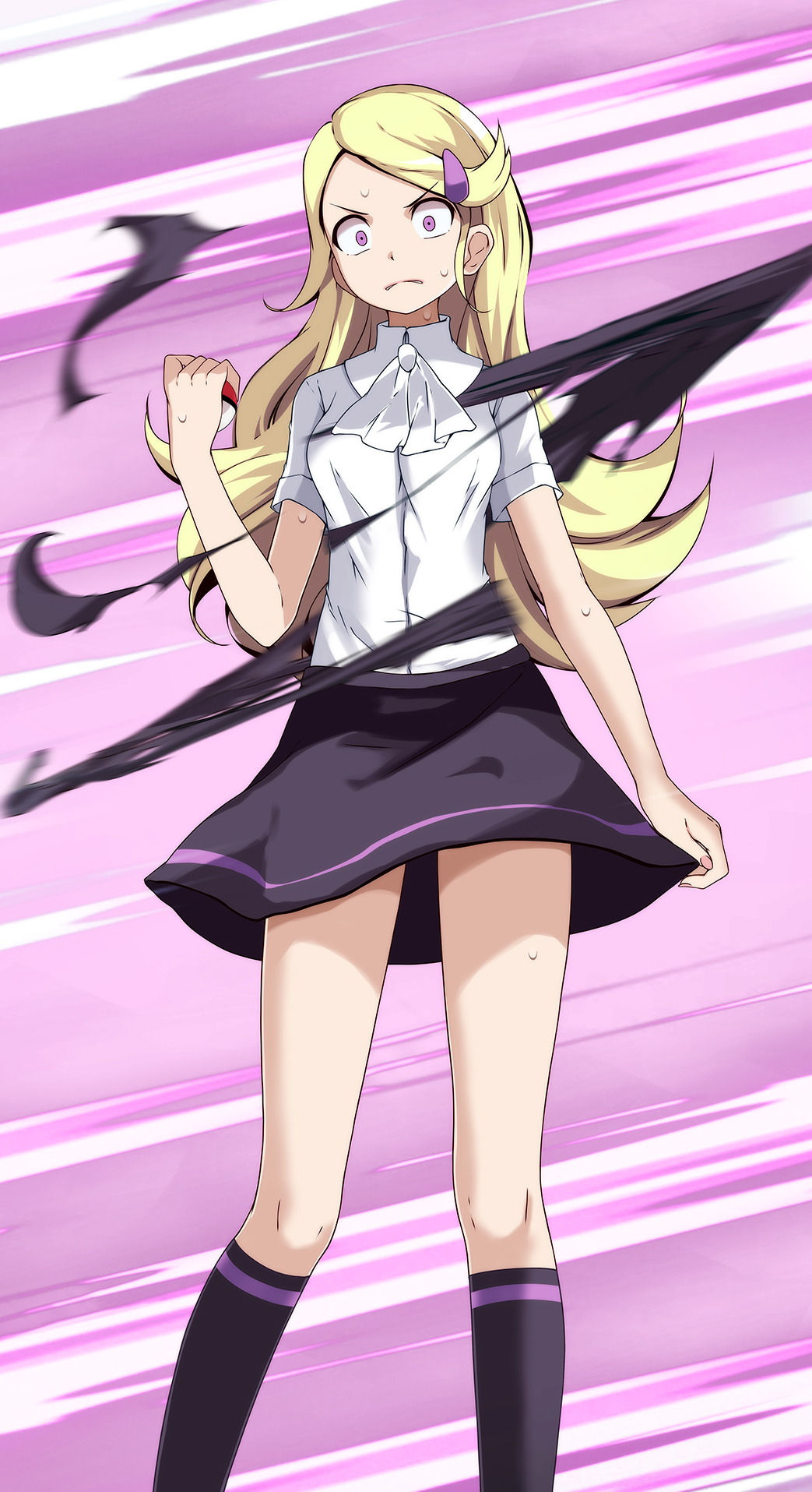 1girl ace_trainer_(pokemon) ascot bangs black_legwear black_skirt blonde_hair clenched_teeth closed_mouth dress_shirt floating_hair frown hair_ornament hairclip highres holding holding_poke_ball kneehighs long_hair miniskirt parted_bangs poke_ball pokemon pokemon_(game) pokemon_xy purple_background scared shirt short_sleeves skirt solo standing sweatdrop teeth tsukishiro_saika v-shaped_eyebrows very_long_hair violet_eyes white_neckwear white_shirt