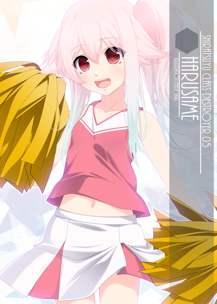 1girl artist_name blue_hair character_name cheering cheerleader cowboy_shot crop_top gradient_hair harusame_(kancolle) highres holding holding_pom_poms inaba_shiki kantai_collection long_hair looking_at_viewer multicolored_hair navel one-hour_drawing_challenge pink_hair pleated_skirt pom_pom_(cheerleading) red_eyes shirt side_ponytail skirt sleeveless sleeveless_shirt smile solo two-tone_shirt two-tone_skirt