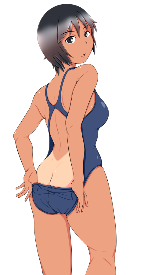 1girl ass black_eyes black_hair breasts clothes_pull competition_swimsuit highleg highleg_swimsuit kneepits looking_at_viewer medium_breasts one-piece_swimsuit open_mouth original short_hair solo swimsuit swimsuit_pull tan tanaka_rikimaru tanlines white_background
