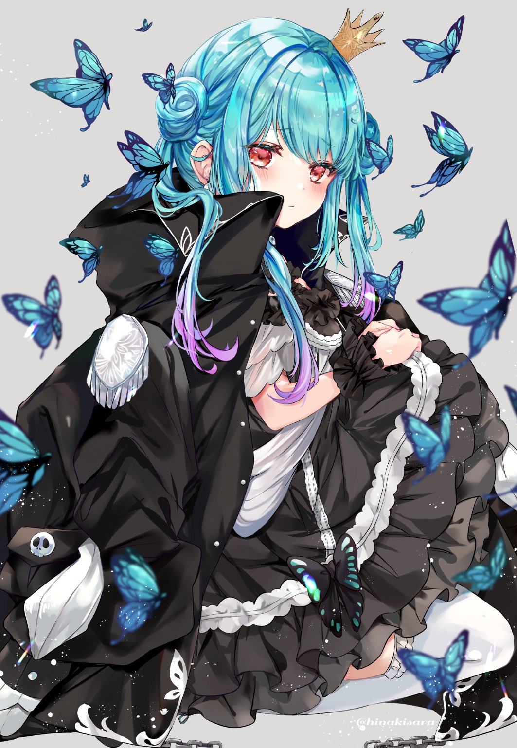 1girl bangs black_coat black_dress blue_butterfly blue_hair blush bug butterfly closed_mouth coat coat_on_shoulders commentary_request crown double_bun dress earrings eyebrows_visible_through_hair gradient_hair grey_background highres hinahino hololive jewelry long_hair looking_at_viewer mini_crown multicolored_hair official_alternate_costume open_clothes open_coat purple_hair red_eyes sidelocks simple_background solo twitter_username uruha_rushia virtual_youtuber wrist_cuffs