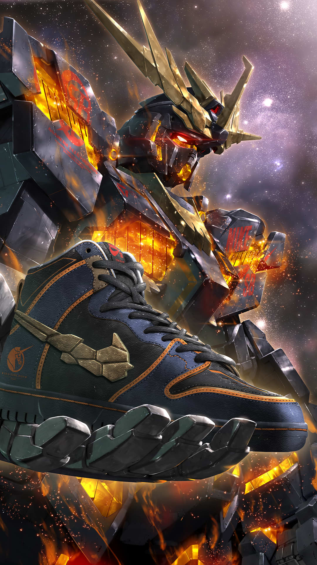artist_request from_side glowing glowing_eye gundam gundam_unicorn highres holding holding_clothes holding_footwear horns mecha mobile_suit nike no_humans nt-d official_art promotional_art science_fiction shoes single_horn sneakers solo space unicorn_gundam_banshee upper_body v-fin