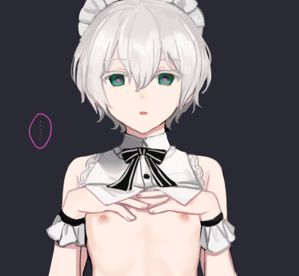 ... 1boy bow bowtie crossdressing frilled_bracelet frills green_eyes hair_between_eyes maid_headdress male_focus nipples original pink_pupils short_hair solo spoken_ellipsis sunaba_(nczd5875) white_hair wing_collar